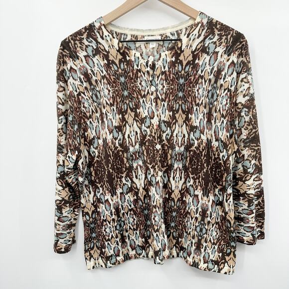 Garnet‎ Hill 100% Merino Wool Cardigan Button Front in Animal Print Size XL - Picture 1 of 8
